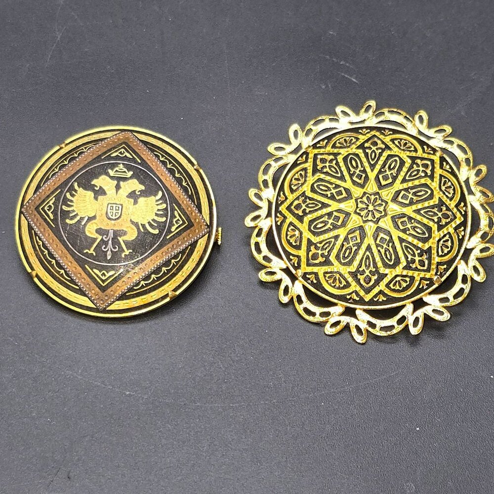 Vintage Gold-Tone Black Enamel Brooch Pin Set Damascene Elegant Jewelry HS208